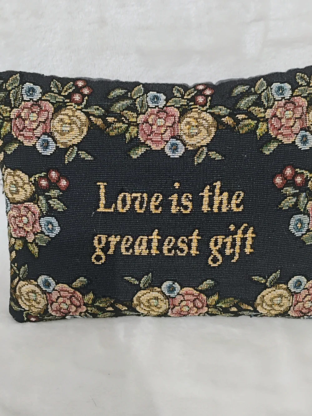 Vtg Love Is The‎ Greatest Gift Tapestry Accent Throw Pillow 12x9 Floral Decor M